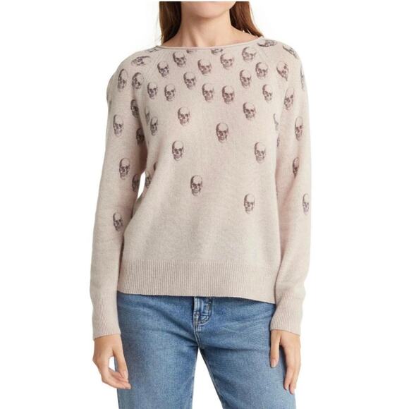 Skull Cashmere Sweater Small Pink Beige Skull Graphic 100% Cashmere Pullover - Picture 1 of 9